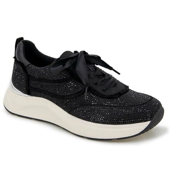 Kenneth Cole Sneakers Womens Size 7.5‎ Black Rhinestone Ribbon Ties - Picture 1 of 9